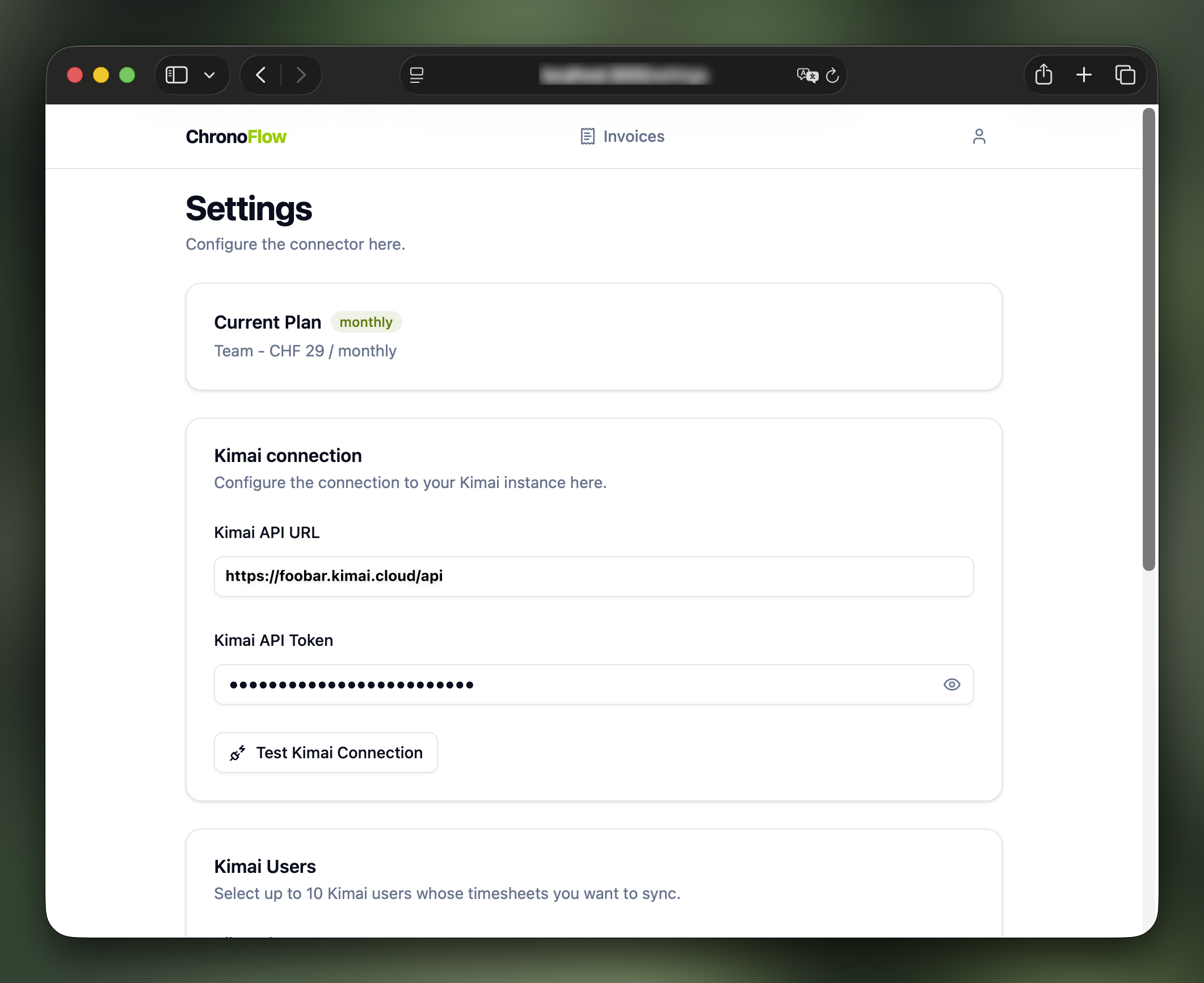 ChronoFlow settings for Kimai