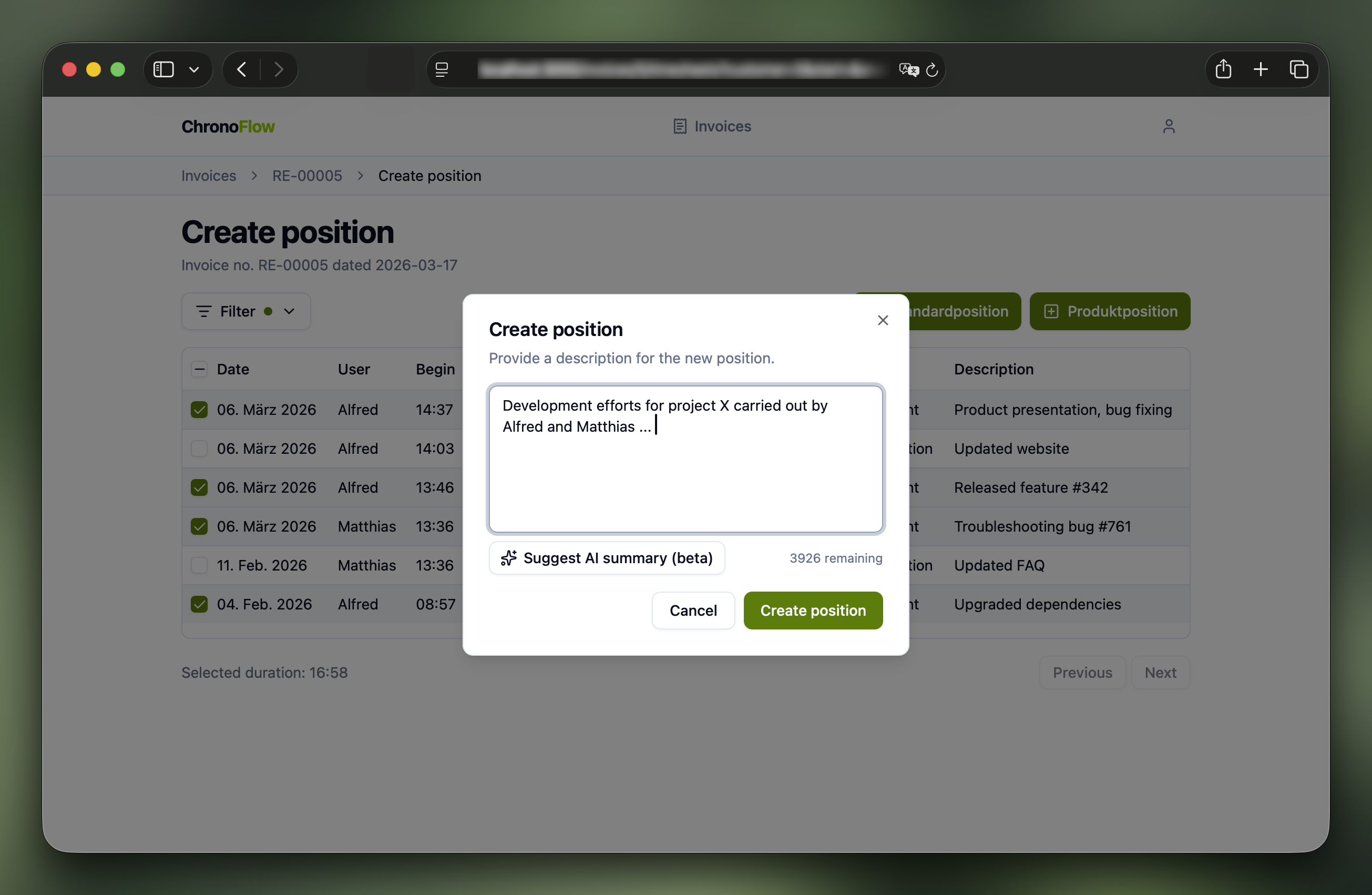 Create position dialog
