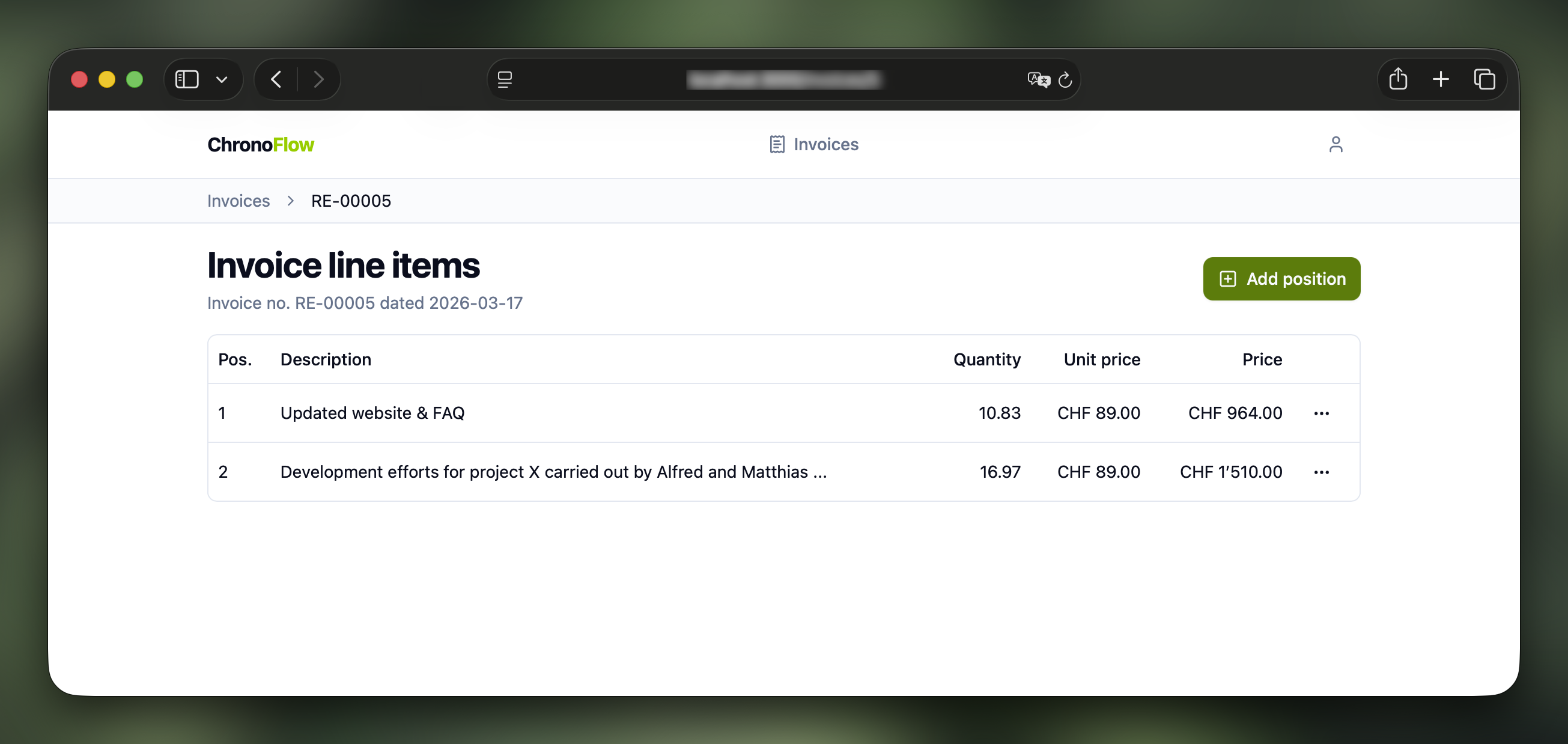 Invoice positions in Bexio
