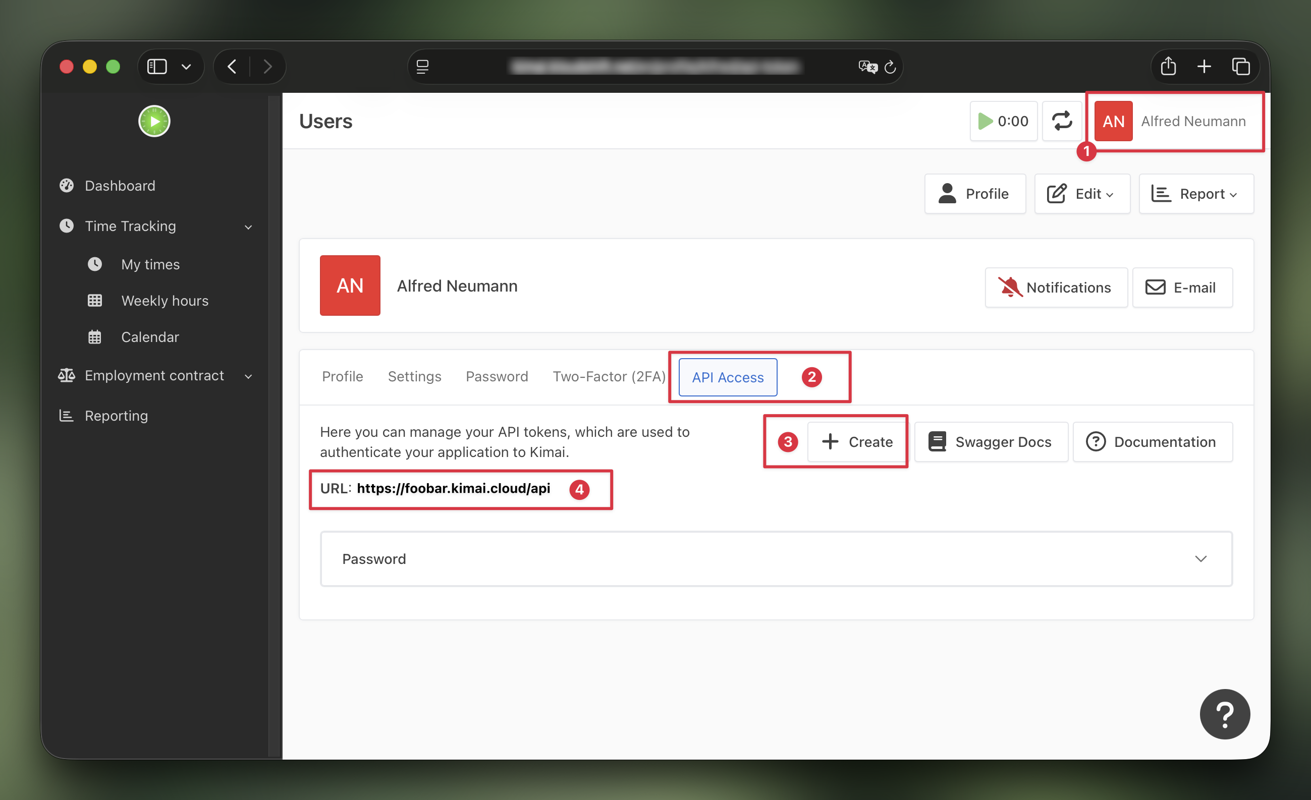 Kimai API token setup
